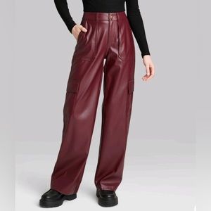 Fall Women’s Faux Leather High Rise Cargo Pants. Burgundy. Size Small
